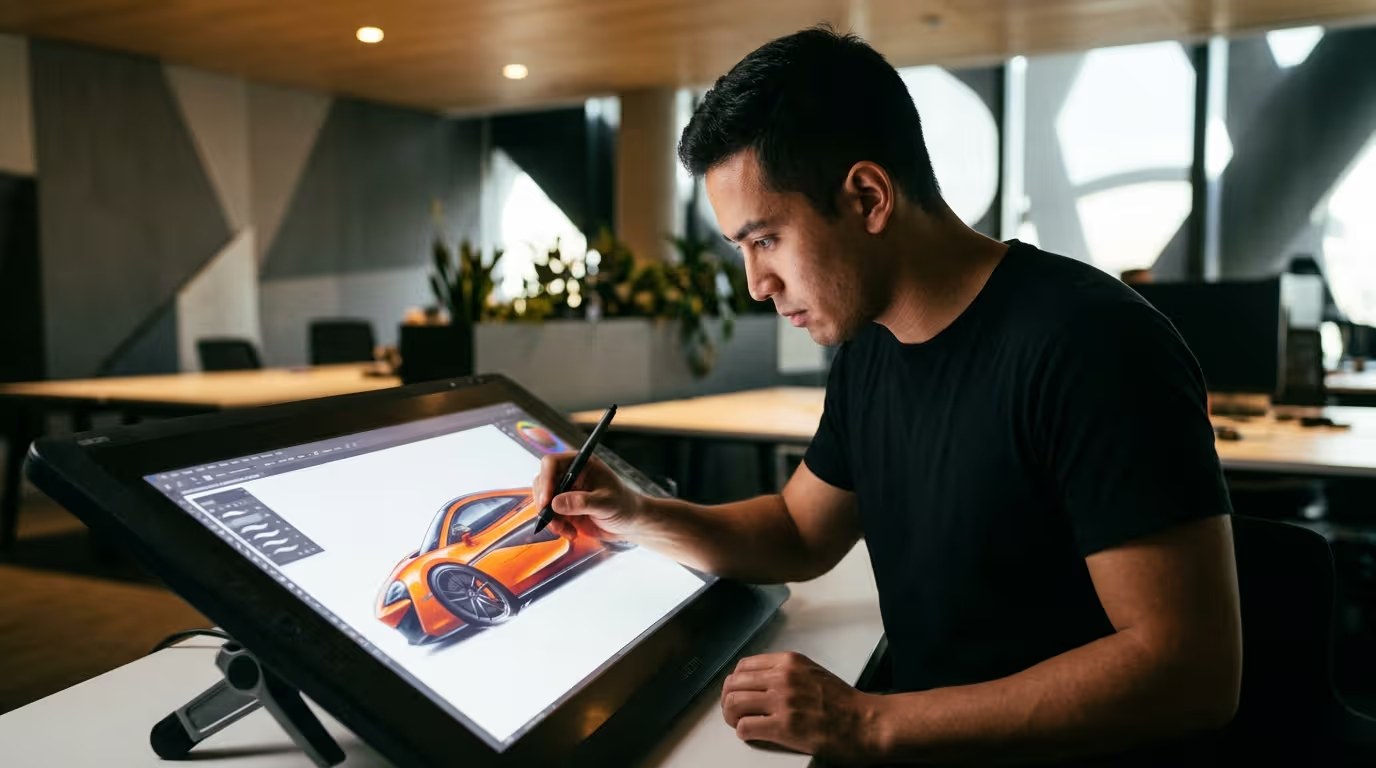 Diseñador creando un concepto de automóvil en una tableta gráfica